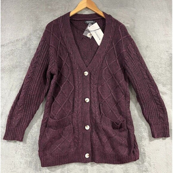 BloomChic Cable Knit Spacedye Pocket Button Front Cardigan Maroon Burgundy Sz 1X - Picture 2 of 10